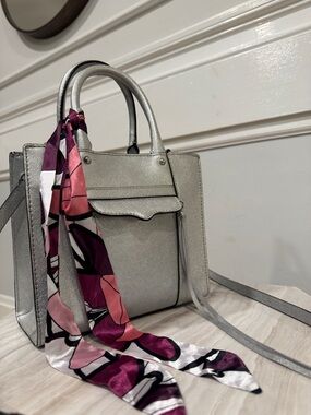 Rebecca Minkoff Bag Mini Tote M.A.B. Silver Saffiano Leather Crossbody